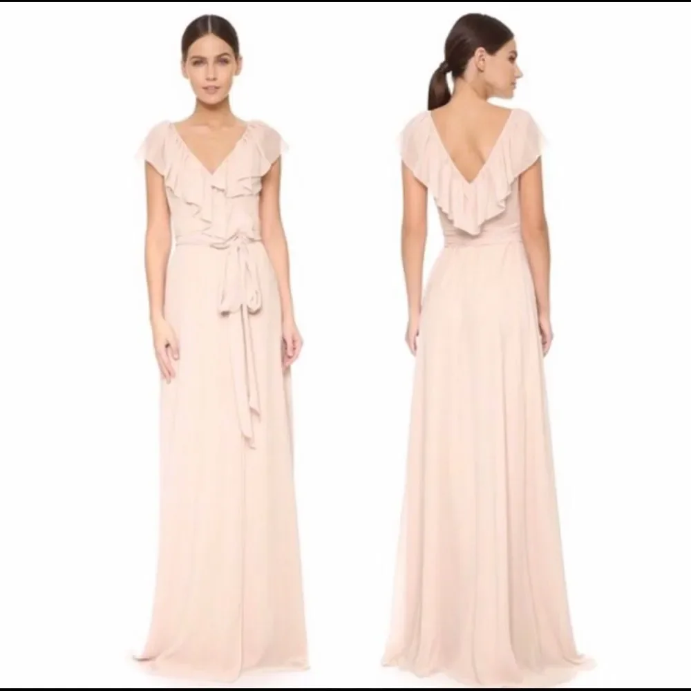 Ceremony by Joanna August Lolo Ruffle Trim Wrap Chiffon Gown Dress Champagne S